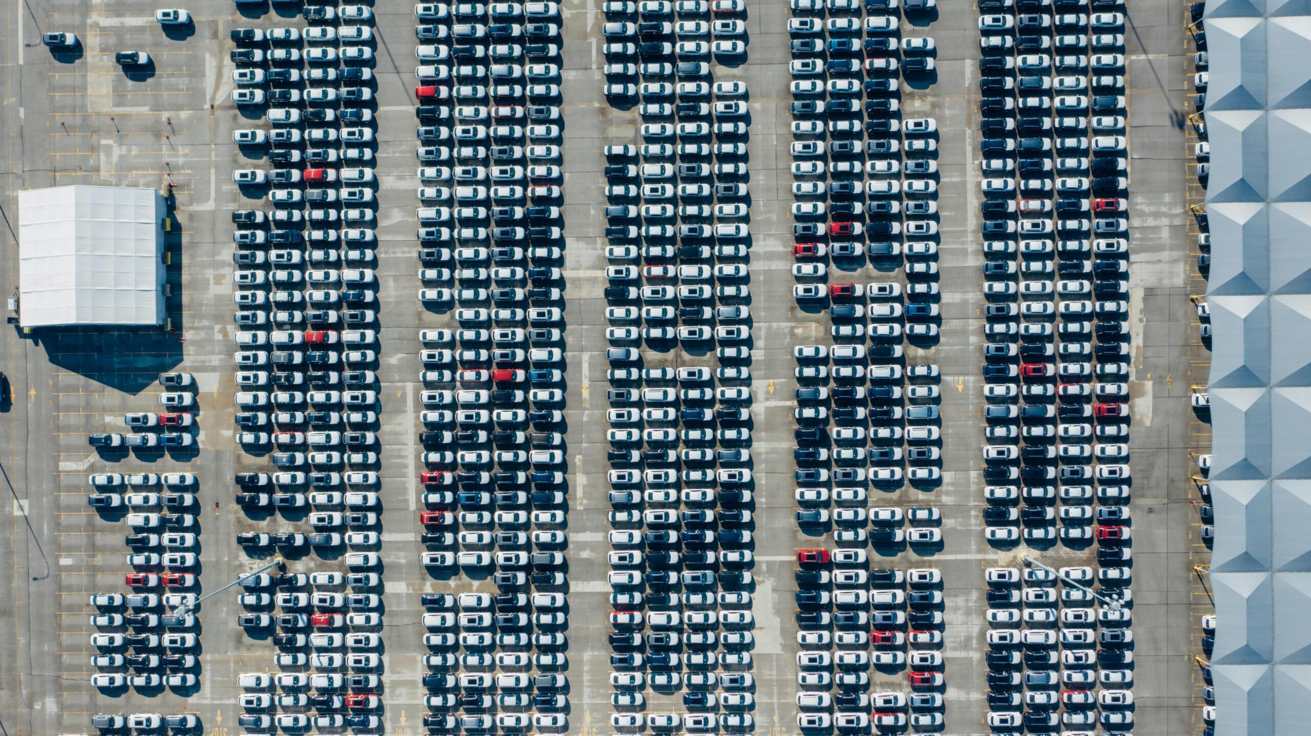 Pedestrians walking safely through a parking lot with cars yielding the pedestrian right of way.