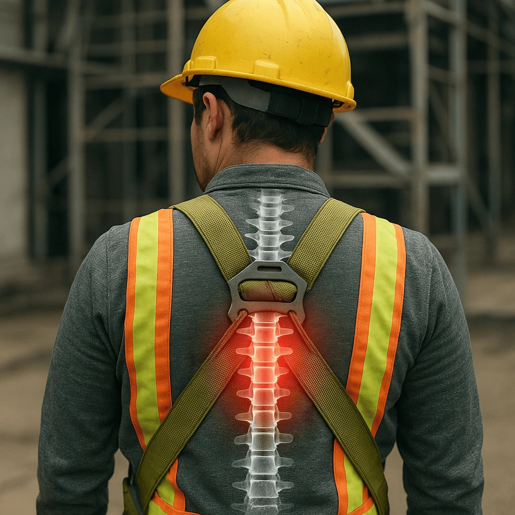 Worker wearing safety harness with highlighted spinal injury, representing risk from faulty safety equipment.