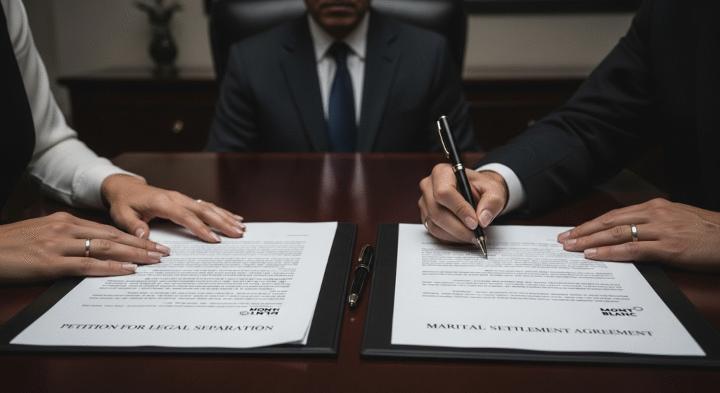 Couple signing papers shows What Is Legal Separation, living apart legally but staying married.