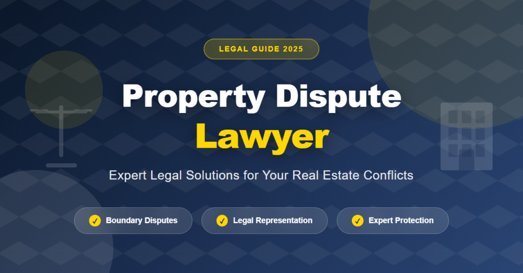Property dispute lawyer guide with legal scales and building, showing expert solutions for real estate conflicts