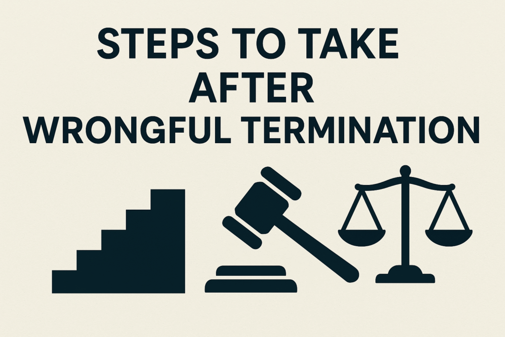 Steps to Take After Wrongful Termination&rdquo; concept image showing staircase, gavel, and justice scales.